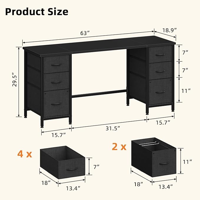 63'' Office Desk with 6 Fabric File Drawers - File Drawer Organization, Computer Work Desk, Study Writing Table, Home Office Workstation, Black - LeafyLoom