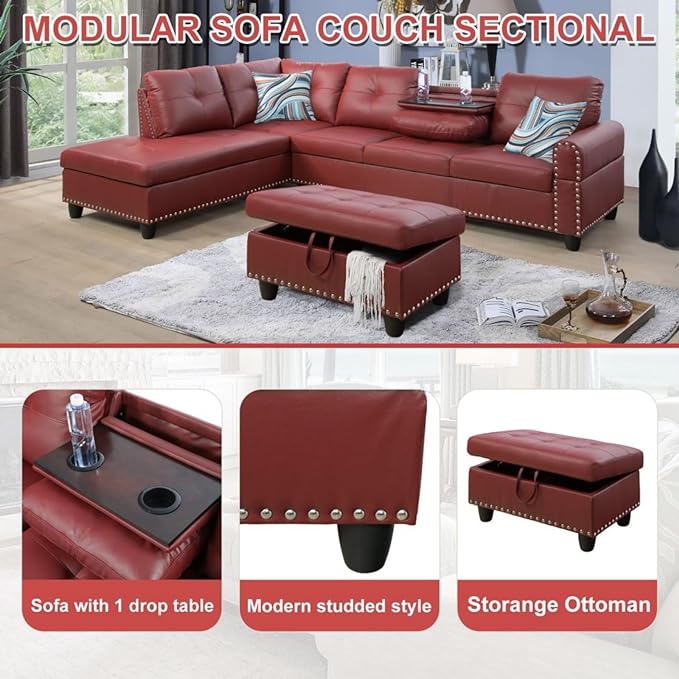 Leather L Shaped Sectional Ottoman Modern Nail-Head Comfy Lounge Modular Sofa with Cup Holder & Chaise for Living Room, Bedroom, Office, L Couch Red - LeafyLoom