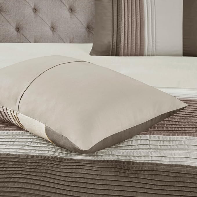 Madison Park Amherst Faux Silk Comforter Set-Casual Contemporary Design All Season Down Alternative Bedding, Matching Shams, Bedskirt, Decorative Pillows, Cal King(104"x92"), Natural, 7 Piece - LeafyLoom