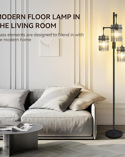 Industrial Modern Floor Lamps for Living Room, Dimmable Glass Tree Standing Tall Lamps with 3 Elegant Teardrop Cage Head & 800 Lumens LED Bulbs for Bedroom Office (66inch tall) - LeafyLoom