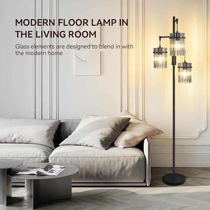 Industrial Modern Floor Lamps for Living Room, Dimmable Glass Tree Standing Tall Lamps with 3 Elegant Teardrop Cage Head & 800 Lumens LED Bulbs for Bedroom Office (66inch tall) - LeafyLoom