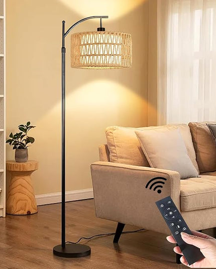 Floor Lamp for Living Room Bedroom with Remote Boho Rattan Arc Standing Lamp Dimmable Black Farmhouse Wicker Bamboo Lamp Shade Floor Light Adjustable Tall Lamp Industrial Floor Lamps Bohemian - LeafyLoom
