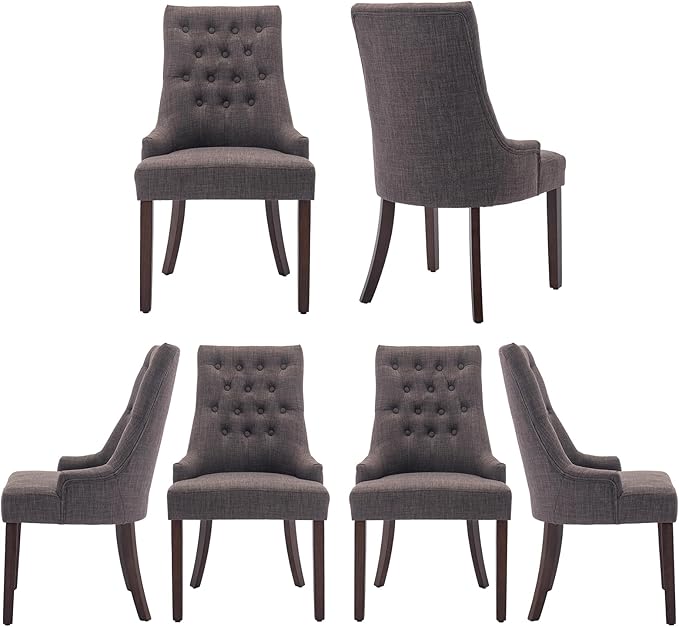 COLAMY Wingback Upholstered Dining Chairs Set of 6, Fabric Side Dining Room Chairs with Tufted Button, Living Room Chairs for Home Kitchen- Brown - LeafyLoom