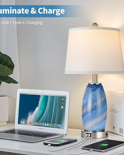 Table Lamps Set of 2, 3-Way Lighting Modes Modern Table Lamps for Bedroom, Blue Bedside Lamps with USB C+A, Glass Nightstand Lamps, 23.5" Table Lamps for Living Room Bedroom Decoration - LeafyLoom