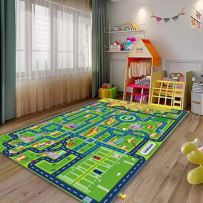 Car Rug Play Mat,Road Rug Kid Play Mat,Playroom Toy Car Mat, Kids Carpet City Map for Bedroom Classroom,Extra Large Thick (110X78.7 Inch) - LeafyLoom