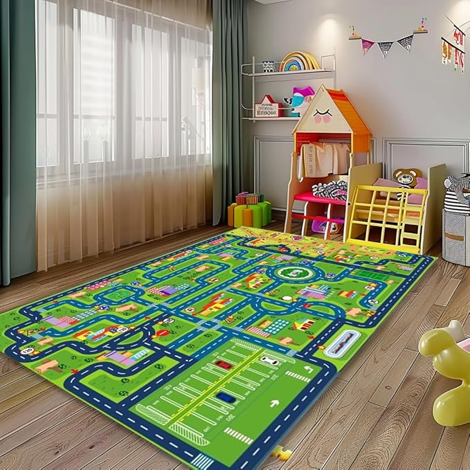 Car Rug Play Mat,Road Rug Kid Play Mat,Playroom Toy Car Mat, Kids Carpet City Map for Bedroom Classroom,Extra Large Thick (78.7X59 Inch) - LeafyLoom