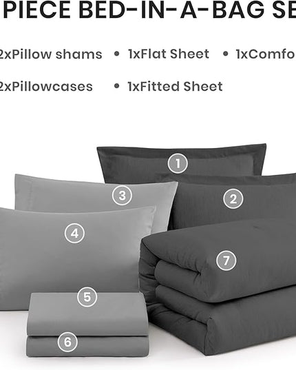 Monbix Full Size Comforter Set, Dark Grey Bedding Comforter for Full Size Bed Set Reversible, Bedding Sets Full 7 Pieces, Cationic Dyeing Bed in a Bag with Comforter, Sheets, Pillowcases & Shams - LeafyLoom