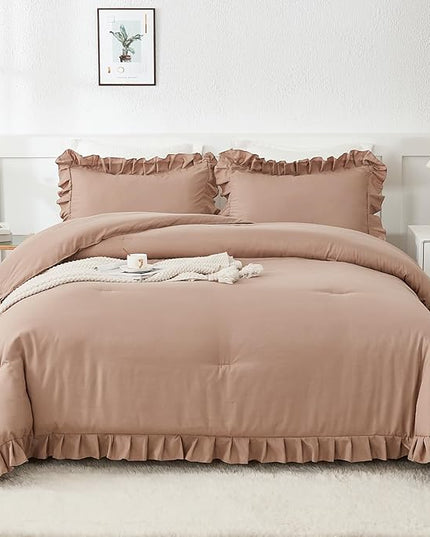 Andency California King Comforter Set Taupe (104x96Inch), 3 Pieces Cal King Ruffle Comforter, Oversized Farmhouse Shabby Chic Bed Comforter, Lighteweight and Soft Microfiber Bedding Set - LeafyLoom