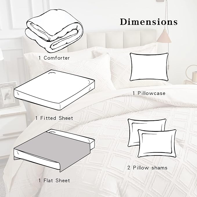 6 Pieces Tufted Bed in a Bag Twin Comforter Set with Sheets Beige, Soft and Embroidery Shabby Chic Boho Bohemian Design, Luxury Solid Color with Diamond Pattern, Jacquard Tufts Bedding Set for Kids - LeafyLoom