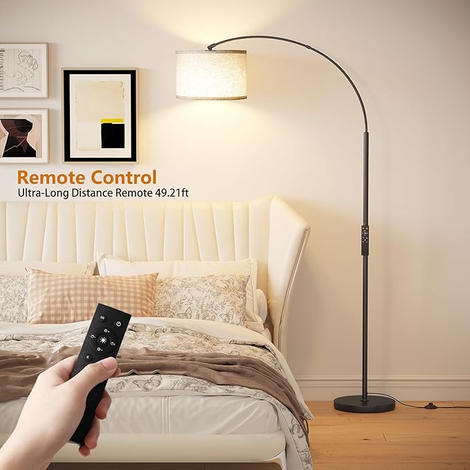 SUNMORY Arc Floor Lamp with Remote,Modern Floor Lamp with Stepless Dimmable Bulb,75″Height Tall Lamp for Living Room with Hanging Drum Shade and Weighted Base.Mid Century Standing Lamp for Bedroom - LeafyLoom