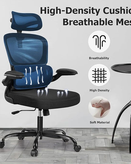 Ergonomic Office Chair, High Back Mesh Desk Chair with Lumbar Support and Adjustable Headrest, Computer Task Chair with Flip-up Armrests, Swivel Executive Chairs for Home Office (Black) - LeafyLoom