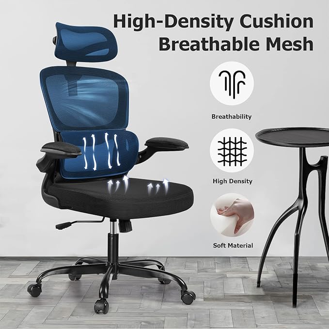 Ergonomic Office Chair, High Back Mesh Desk Chair with Lumbar Support and Adjustable Headrest, Computer Task Chair with Flip-up Armrests, Swivel Executive Chairs for Home Office (Black) - LeafyLoom