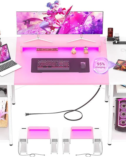 armocity Computer Desk with LED Lights, 55 Inch Desk with Power Outlet and USB, Reversible Large Desk with Moveable Monitor Stand, 55.2'' Gaming PC Table for Home Office, Workstation, Pink and White - LeafyLoom