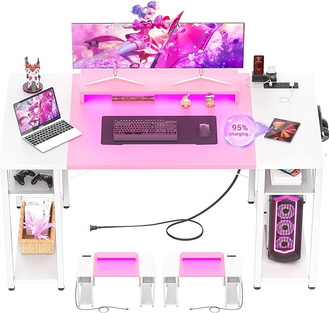 armocity Computer Desk with LED Lights, 55 Inch Desk with Power Outlet and USB, Reversible Large Desk with Moveable Monitor Stand, 55.2'' Gaming PC Table for Home Office, Workstation, Pink and White - LeafyLoom
