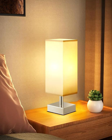 Grey Small Table Lamp for Bedroom - Bedside Lamps for Nightstand, Minimalist Night Stand Lamp with Square Fabric Shade, Desk Reading Lamp for Kids Room Living Room Office, Silver Base - LeafyLoom