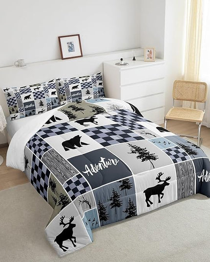Deer Antler Comforter Set Full Size,Bear Rustic Farmhouse Adventure Bedding Set for Kids Boys Girls Adults Room Decor,Pine Trees Plaid Patchwork Down Comforter,Blue Xmas Duvet Insert,2 Pillowcases - LeafyLoom