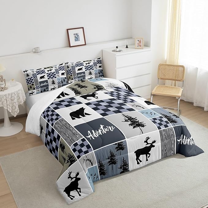 Deer Antler Comforter Set Full Size,Bear Rustic Farmhouse Adventure Bedding Set for Kids Boys Girls Adults Room Decor,Pine Trees Plaid Patchwork Down Comforter,Blue Xmas Duvet Insert,2 Pillowcases - LeafyLoom
