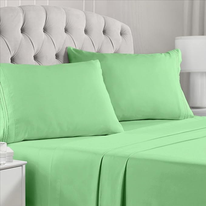 Mellanni Split King Sheets Set - 5 PC Iconic Collection Bedding Sheets & Pillowcases - Hotel Luxury, Extra Soft, Cooling Bed Sheets - Deep Pocket up to 16 inch (Split King, Pistachio) - LeafyLoom
