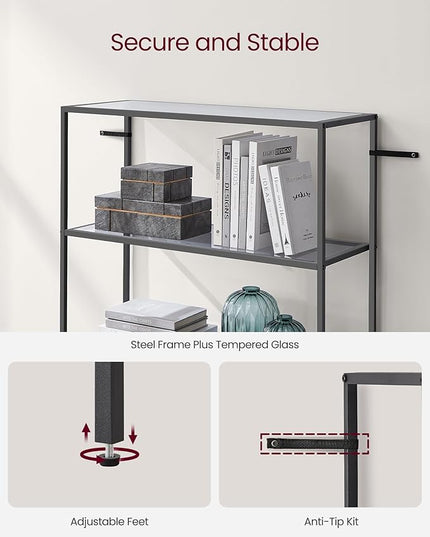 VASAGLE Bookcase, 6-Tier Bookshelf, Slim Shelving Unit for Bedroom, Bathroom, Home Office, Tempered Glass, Steel Frame, Ink Black and Slate Gray ULGT503G01 - LeafyLoom