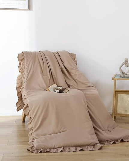 JANZAA Queen Ruffled Comforter Set 3PCS (1 Taupe Comforter Set and 2 Pillowcases) Vintage Farmhouse Shabby Chic Bedding Soft Fluffy Comforter Set All Season - LeafyLoom
