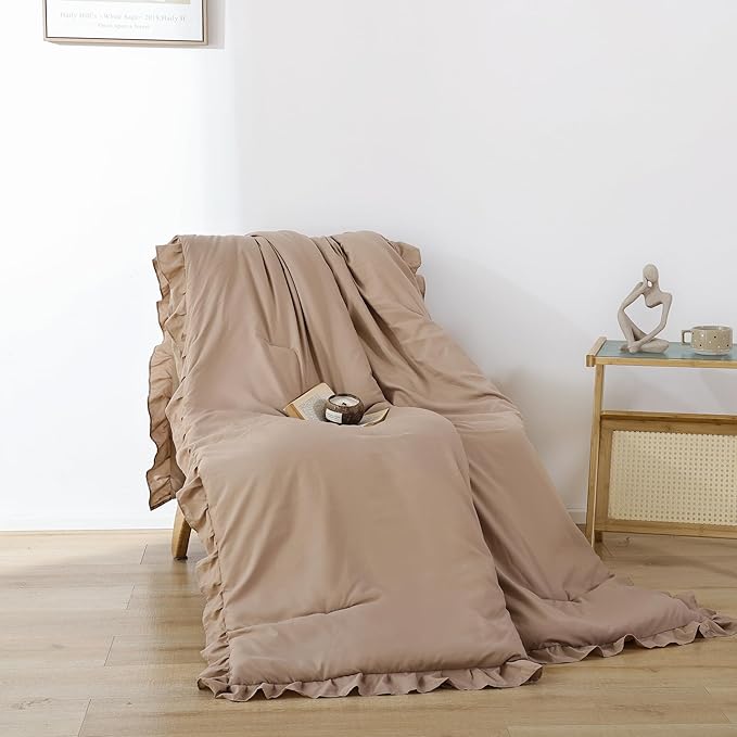 JANZAA Queen Ruffled Comforter Set 3PCS (1 Taupe Comforter Set and 2 Pillowcases) Vintage Farmhouse Shabby Chic Bedding Soft Fluffy Comforter Set All Season - LeafyLoom