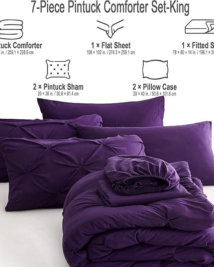 Ubauba 7pc King Size Comforter Set with Sheets, All Season Pintuck 7 Piece Bedding Sets Purple, Pinch Pleating Bed in a Bag Set with Comforters (Purple,King) - LeafyLoom