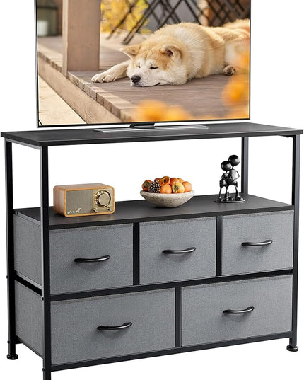 ANTONIA TV Stand Dresser for Bedroom with 5 Fabric Drawer, Entertainment Center for 45 inch Television, Media Console Table with Storage, Open Shelf, Adjustable Feet, Living Room Furniture, Grey - LeafyLoom