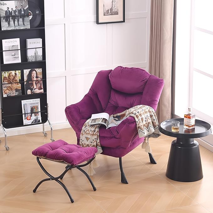 LITA Lazy Chair with Ottoman, Modern Accent Leisure Upholstered Sofa Chair, Contemporary Lounge Reading Chair with Armrests and a Side Pocket for Living Room, Bedroom & Small Space - LeafyLoom