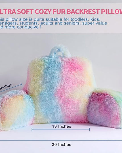 Faux Fur Backrest Pillow for Kids, Teen Reading Pillow with Arms, Fluffy Back Support Pillow for Sitting Up in Bed/Couch, Bed Wedge Pillow for Girls, Reading & Bed Rest Pillows (Pink) - LeafyLoom