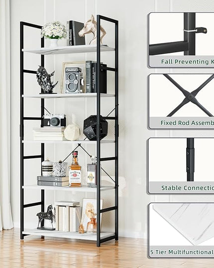 OTK 5 Tier Bookshelf, Tall Bookcase, Office Shelf Storage Organizer, Modern Book Shelf for Living Room, Bedroom, and Home Office, White Marble - LeafyLoom