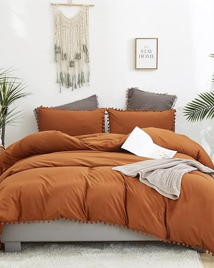 Pumpkin Comforter Set King Burnt Orange Pom Comforter 3 Pieces Pumpkin Color Boho Ball Pom Fringe King Comforter Bedding Set Women Solid Pumpkin King Bed Comforter Set All Season Gift - LeafyLoom