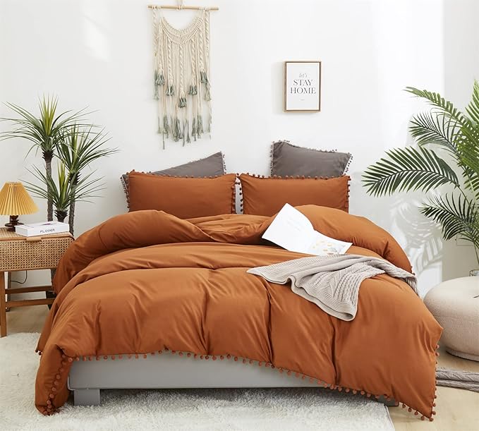 Pumpkin Comforter Set Full Burnt Orange Pom Comforter 3 Pieces Pumpkin Color Boho Ball Pom Fringe Full Comforter Bedding Set Women Solid Pumpkin Full Bed Comforter Set All Season Gift - LeafyLoom