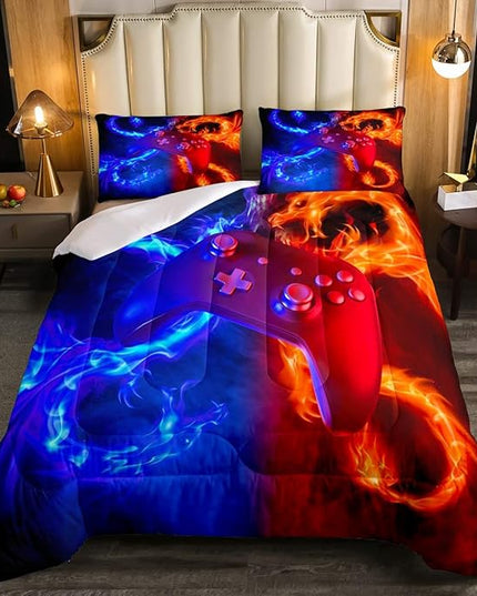 Ice Fire Dragon Comforter Set for Boys Teens Kids Gamer Games Room Decor Bedding Set Blue Red Gaming Gamepad Down Comforter ,Fairy Tale Animals Theme Room Decor 3Pcs Duvet Insert Full Size,Soft - LeafyLoom