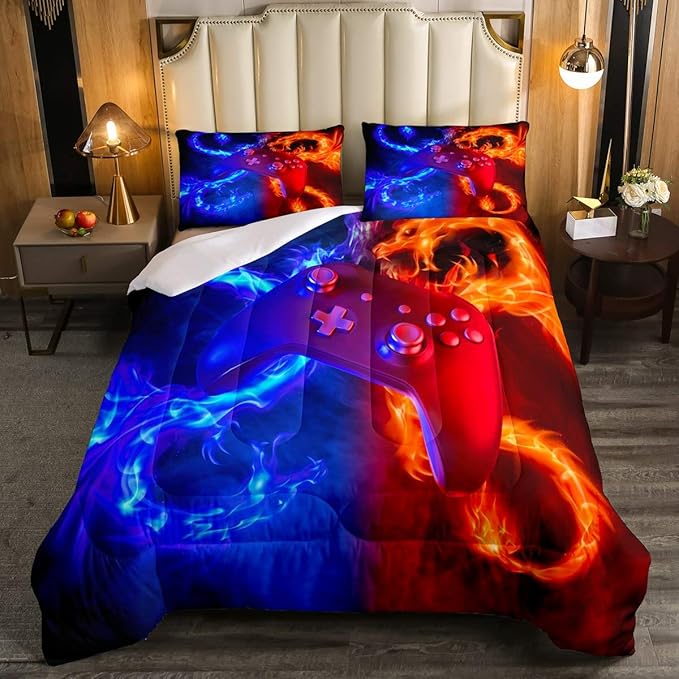 Ice Fire Dragon Comforter Set for Boys Teens Kids Gamer Games Room Decor Bedding Set Blue Red Gaming Gamepad Down Comforter ,Fairy Tale Animals Theme Room Decor 3Pcs Duvet Insert Full Size,Soft - LeafyLoom