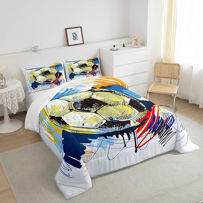 Erosebridal Soccer Twin Comforter Set for Boys Soccer Bedding Set Kids Sports Football Down Comforter for Girls Teen Room Decor Colorful Hip Hop Graffiti Quilt Duvet Insert 1 Pillow Case - LeafyLoom