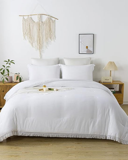 Andency White Comforter Set Full, 3 Pieces Boho Lightweight Bedding Comforters & Sets, All Season Soft Fluffy Tassel Bed Set (79x90In Comforter & 2 Pillowcases) - LeafyLoom