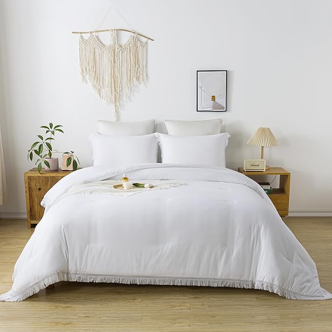 Andency White Comforter Set Full, 3 Pieces Boho Lightweight Bedding Comforters & Sets, All Season Soft Fluffy Tassel Bed Set (79x90In Comforter & 2 Pillowcases) - LeafyLoom