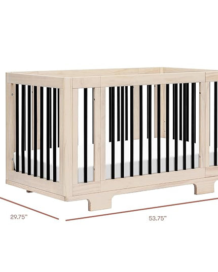 Babyletto Yuzu Convertible All-Stages Bassinet, Midi, Full-Size Crib in Washed Natural with Black, Greenguard Gold Certified, Portable & Adjustable with Conversion Kits and Pads Included - LeafyLoom