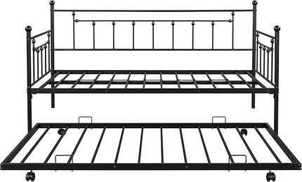 Twin Size Daybed with Trundle,Heavy-Duty Sturdy Metal Bed Frame,Noise Reduced,No Box Spring Needed,for Living Room Bedroom Apartment,Black - LeafyLoom