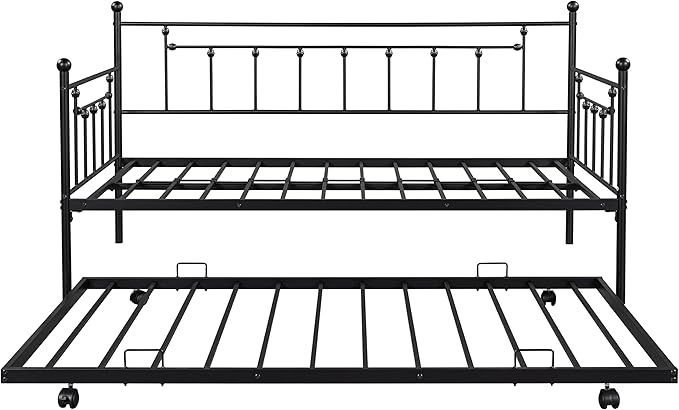 Twin Size Daybed with Trundle,Heavy-Duty Sturdy Metal Bed Frame,Noise Reduced,No Box Spring Needed,for Living Room Bedroom Apartment,Black - LeafyLoom