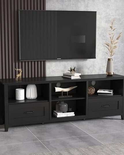 Entertainment Stand with 4 Storage Compartments, Media Center Console Table 60", Flat Screen TV Cabinet w/2 Drawers for Living Room, 70 inch, Black-3 - LeafyLoom