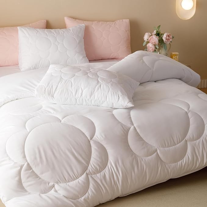 White Flower Comforter King White Sunflower Print Bed King Comforter Set 3 Pieces White Floral Comforter Set for Women Girls Bedroom Decor All Season Hotel Quality Comforter Set - LeafyLoom
