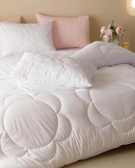 White Flower Comforter Full White Sunflower Print Bed Full Comforter Set 3 Pieces White Floral Comforter Set for Boys Girls Teens Bedroom Decor All Season Hotel Quality Comforter Set - LeafyLoom