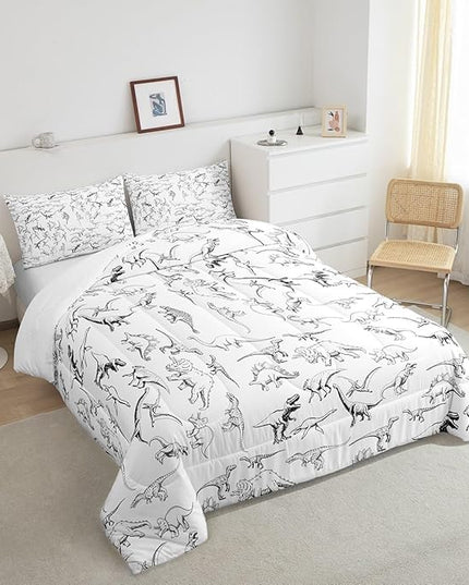 Feelyou Dinosaur Bedding Set Queen Size 3D Digital Print Comforter Set for Kids Boys Girls Decor Jungle Dino Comforter Wild Animal Black and White Duvet Set Bedroom Quilt Set - LeafyLoom