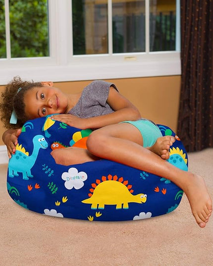 Posh Creations Bean Bag Chair for Kids, Teens, and Adults Includes Removable and Machine Washable Cover, Canvas Dinos on Blue, 27in - Medium - LeafyLoom