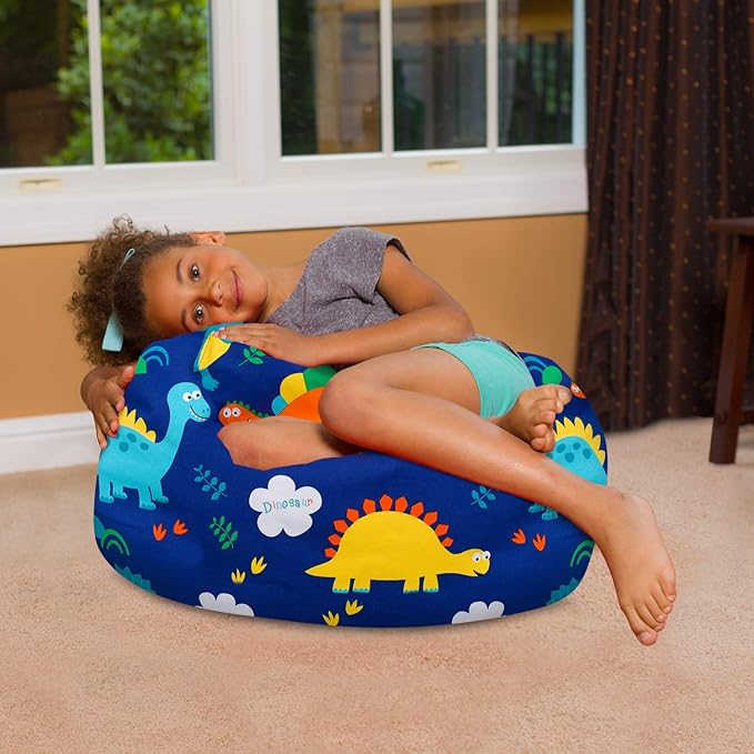 Posh Creations Bean Bag Chair for Kids, Teens, and Adults Includes Removable and Machine Washable Cover, Canvas Dinos on Blue, 27in - Medium - LeafyLoom