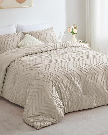 CozyLux California King Size Comforter Set Beige - 3 Pieces Cal King Boho Tufted Shabby Chic Bedding Comforter Set for All Seasons, Chevron Bedding Sets with Comforter & 2 Pillow Shams - LeafyLoom