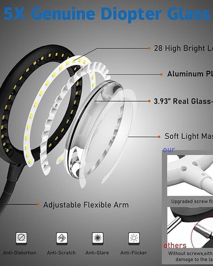 Magnifying Glass with Light and Stand, 5X Desk Magnifying Desk Lamp, Table Magnifier Lamp for Senior Close Work Reading Crafts - LeafyLoom