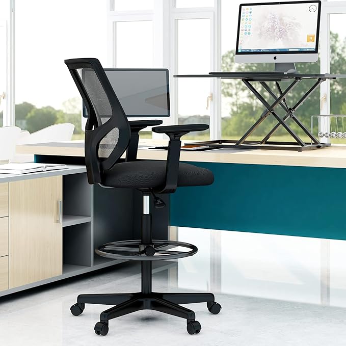 Tall Office Chair, Drafting Chair, High Adjustable Standing Desk Chair, Ergonomic Mesh Computer Task Table Chairs with Adjustable Armrests and Foot-Ring for Standing Desk and Bar Height Desk - LeafyLoom