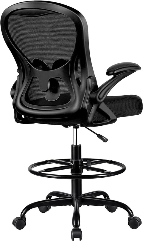 Drafting Chair, Tall Office Chair Ergonomic Standing Desk chair, Lumbar Support Computer Chair Swivel Task Rolling Chair with Adjustable Flip-up Armrests & Foot Ring (Black) - LeafyLoom